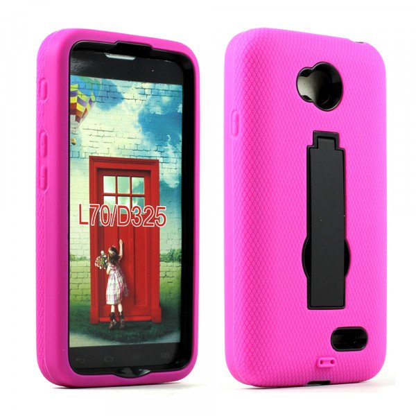 Wholesale LG Optimus L70 Armor Hybrid Stand Case (Hot Pink Black)